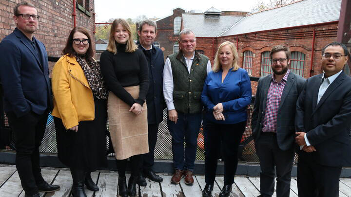 From (L-R): Steve Foxley, Tracey Johnson, Lottie Rugg-Easey, Koen Lamberts, David Richards MBE, Mandy Ridyard, Ryan Diver and Dr Bala Amavasai at the launch of the The AMRC Data Cloud and EyUp Data Science Academy.