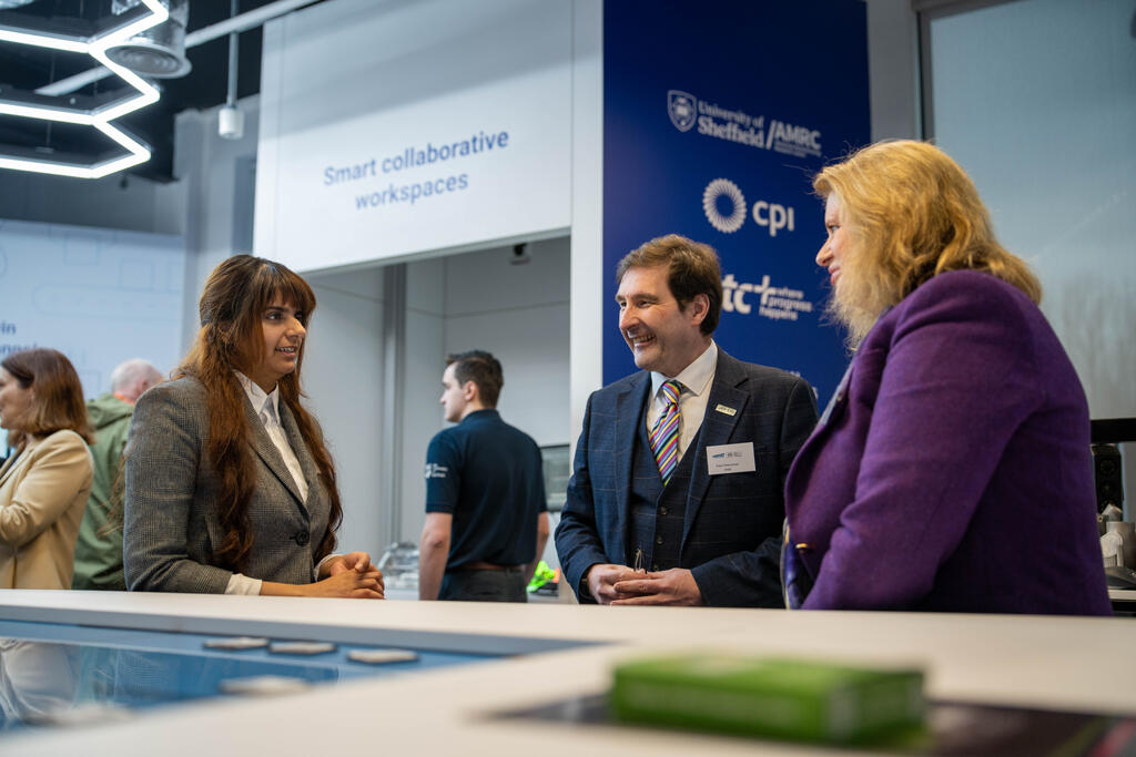 AMRC Cymru engineer Sharan Kaur with Professor David Greenwood, CEO of the High Value Manufacturing Catapult at WMG and Katherine Bennett CBE, HVM Catapult CEO.